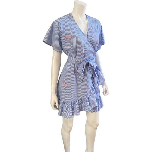 ROMEO & JULIET COUTURE Blue & White Striped Wrap Dress With Flamingos, Small - Picture 4 of 12